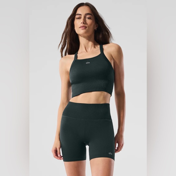 Alo Yoga Seamless Ribbed Favorite Bra Tank in Charcoal Green, Size X-Small - Picture 1 of 7
